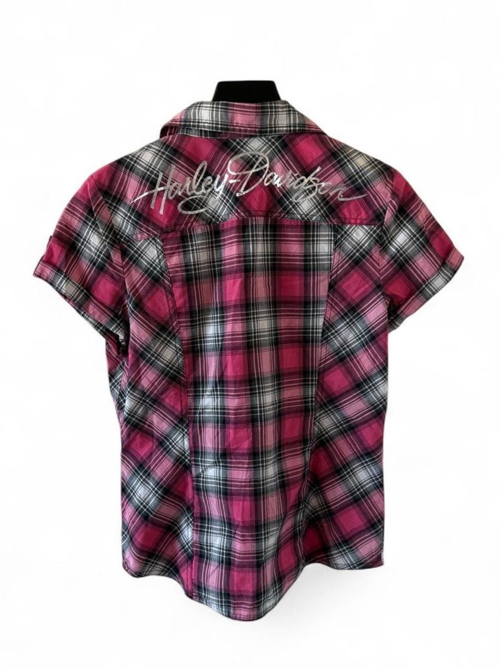 Harley-Davidson Pink & Black Plaid Embroidered Western Button Up Shirt Size S